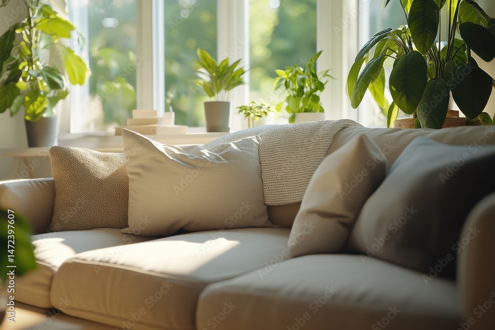 Leinwandbilder Sunlight streams through a window illuminating a beige sofa with plush pillows and several houseplants on a windowsill, creating a serene and calming living room atmosphere. : Generative AI