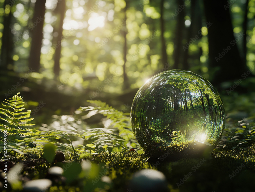 Poster a crystal sphere reflects a sunlit forest scene, showcasing lush green ferns and moss on the forest 