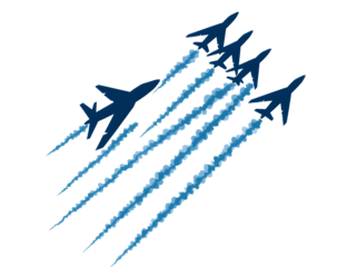 Jet planes in formation, leaving vapor trails.