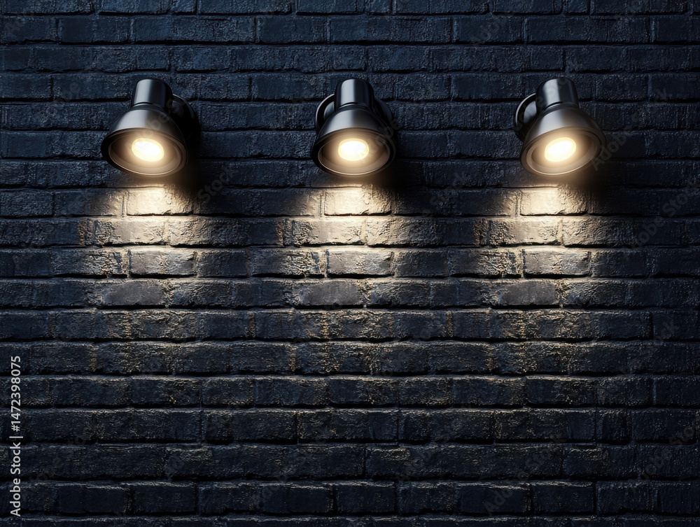 Poster three illuminated wall lamps cast warm light on a dark brick wall, creating a dramatic and atmospher