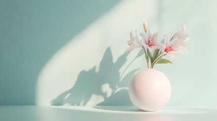 Pink lilies with pastel vase, and sunlit.