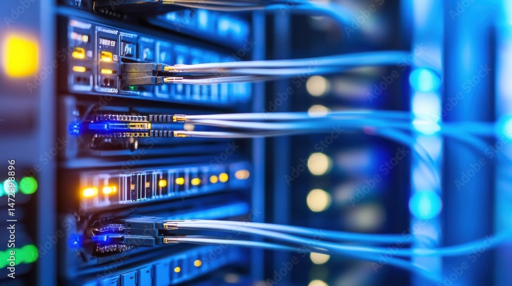 Poster close-up view of fiber optic cables connected to a server rack, showcasing vibrant blue and orange l