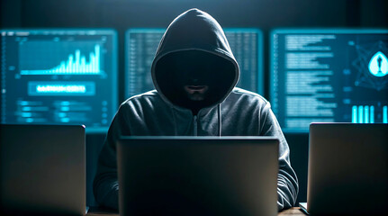 Hacker using computer for cyber attack and data theft