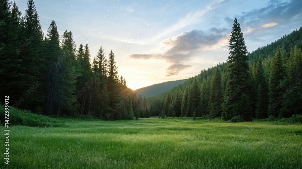 Poster Serene sunset over a lush green meadow nestled within a dense evergreen forest, showcasing tall pine trees and a tranquil atmosphere. : Generative AI