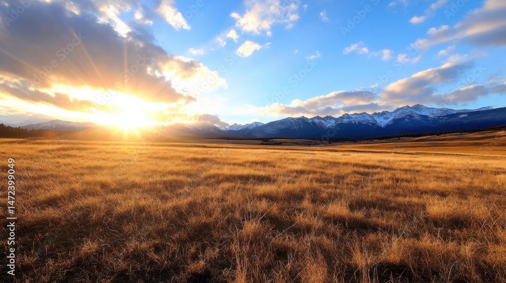 Poster golden hour sunset over a vast, dry grassland with a majestic snow-capped mountain range in the dist
