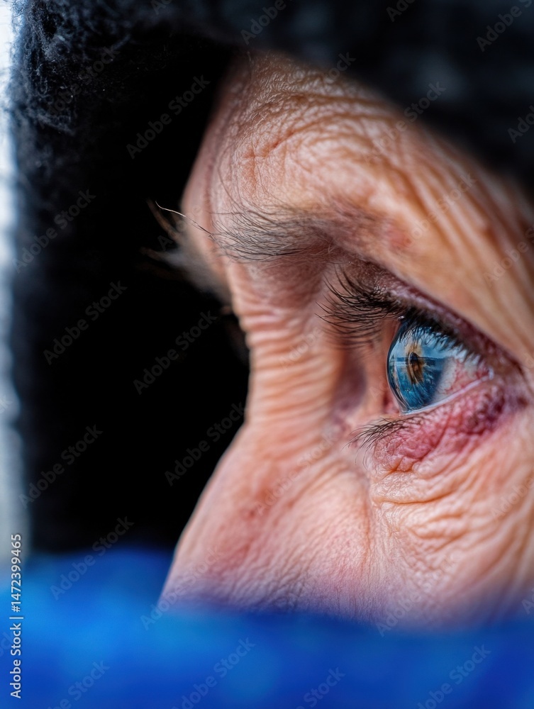 Poster close-up profile view of an elderly woman's eye, showing wrinkles and texture, gazing into the dista