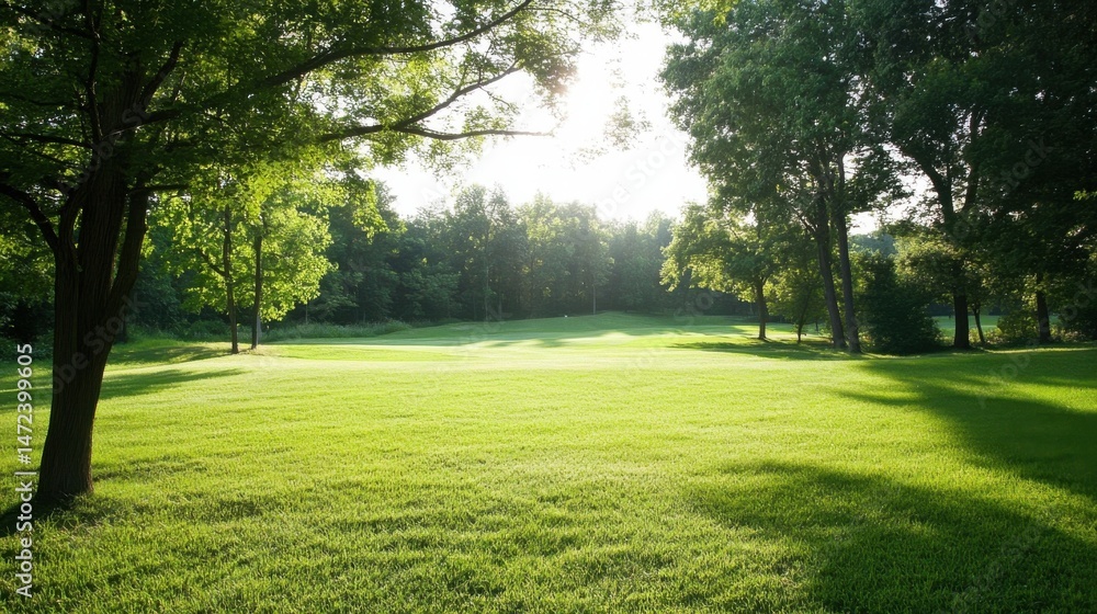 Poster sunlit golf course fairway with lush green grass and tall trees casting shadows on a summer morning.