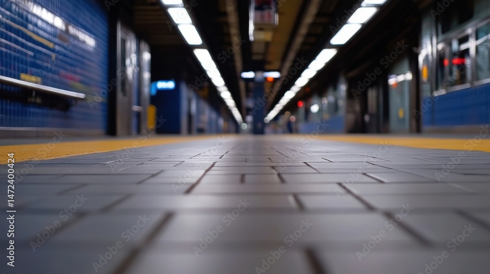 Poster Subway platform perspective: A low angle view of a gray tiled platform with yellow lines, leading towards a blurred background of a modern subway station. : Generative AI