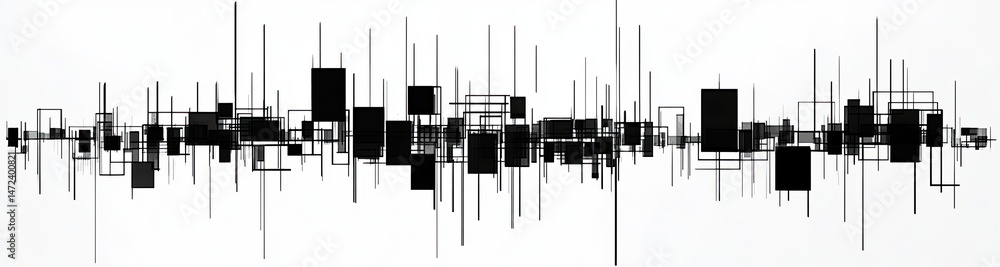 Poster abstract black squares rectangles and thin lines on white background
