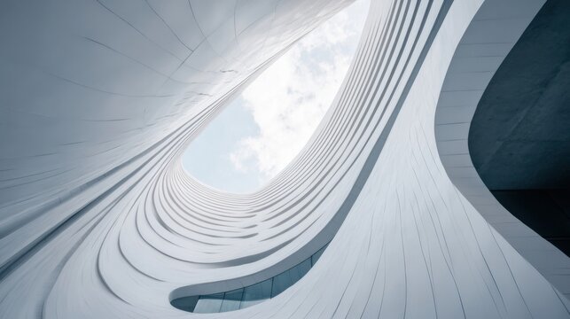 Curving white architectural facade with skylight, showcasing modern building design and innovative construction techniques.  The image offers a unique perspective, highlighting the bui : Generative AI