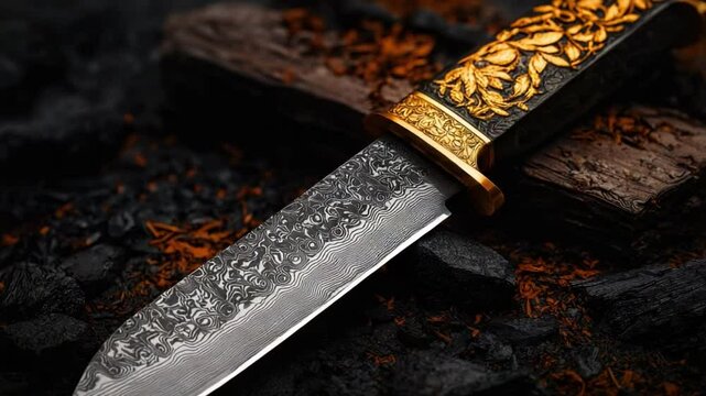 Elaborate Damascus Steel Knife with Golden Floral Design on Black Background 4k video footage