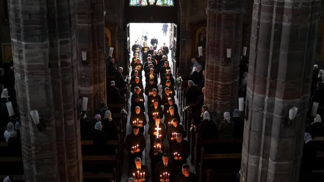 Religious Procession Walking with Candles Through Church in Low Light