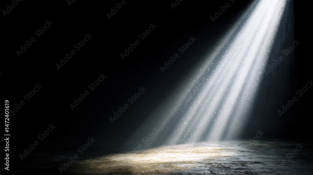 Poster a single spotlight illuminates a dark, textured floor, creating dramatic light rays and dust motes i