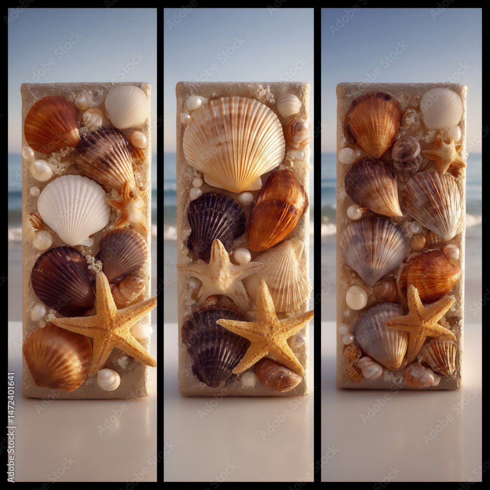Poster seashells and starfish being arranged on a canvas to create a summer-themed mixed media artwork.