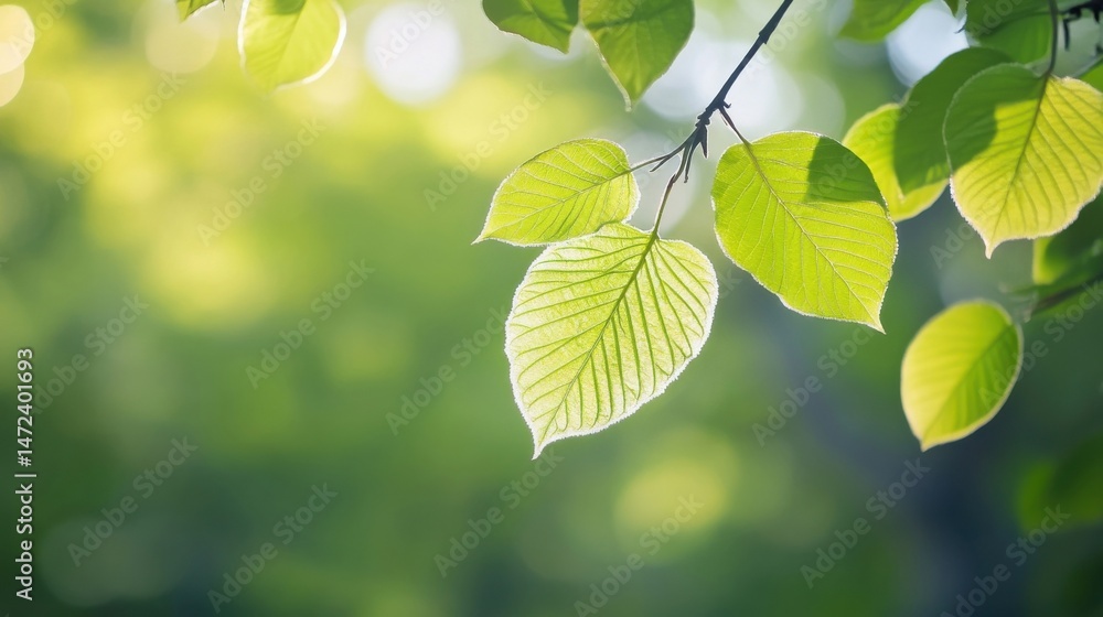 Aufkleber sunlight illuminates vibrant green leaves on a branch, creating a serene and peaceful nature scene. 