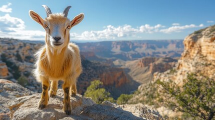 Obraz premium Goat stands on rocks, canyon backdrop