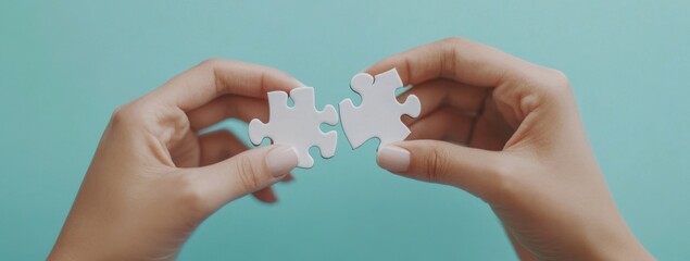 Close up of two hands connecting two white puzzle pieces against a teal background, symbolizing teamwork, problem-solving, and collaboration. : Generative AI