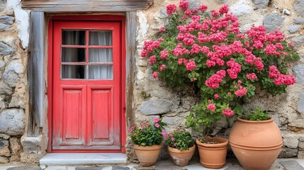 Red Door Stone Wall Pink Flowers Terracotta Pots