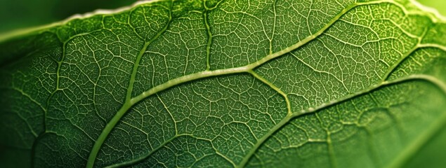 Obraz premium Close-up view of a vibrant green leaf's intricate vein network, showcasing nature's detailed artistry and organic texture. : Generative AI