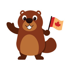 Cute cartoon beaver mascot holding a Canadian flag with a red maple leaf, friendly brown beaver character waving, national symbol of Canada vector illustration for Canada Day celebrations. © tanbirmiah