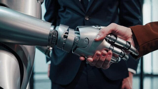 Futuristic business partnership showcasing collaborative interaction between businessman and humanoid robot, symbolizing technological innovation and advanced human robot cooperation