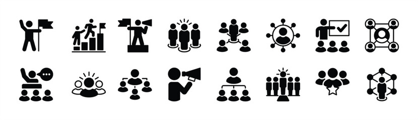Leadership icon vector set. Containing leader, guide, guidance, mentorship, coaching, organization, hierarchy, manager, campaign, collaboration, confidence, motivation. Illustration