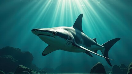Naklejka premium Majestic shark swimming under sunlit ocean depths.