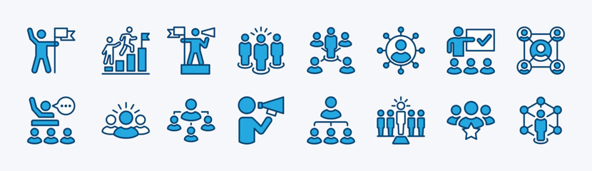 Set of leadership icon vector. Containing leader, guide, guidance, mentorship, coaching, group, organization, hierarchy, manager, campaign, collaboration, confidence, motivation. Illustration