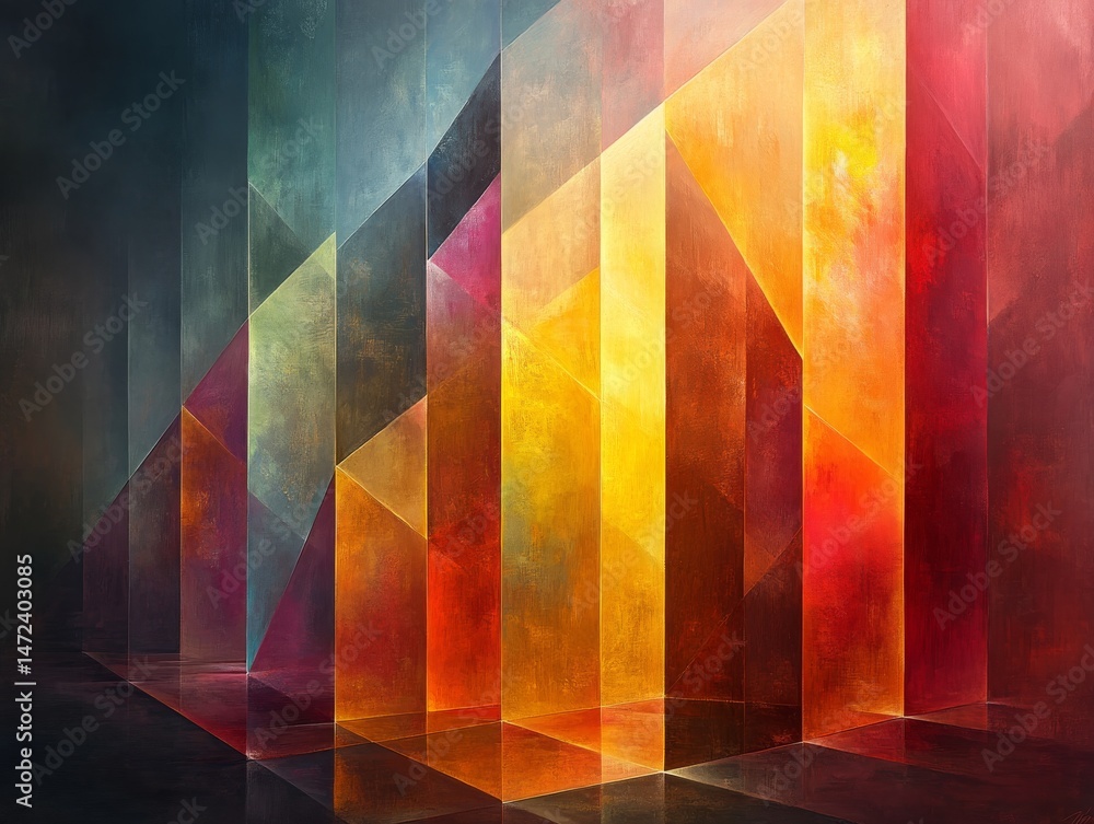 Poster abstract spectrum: a harmonious blend of geometric forms and vibrant hues, evoking a sense of depth 