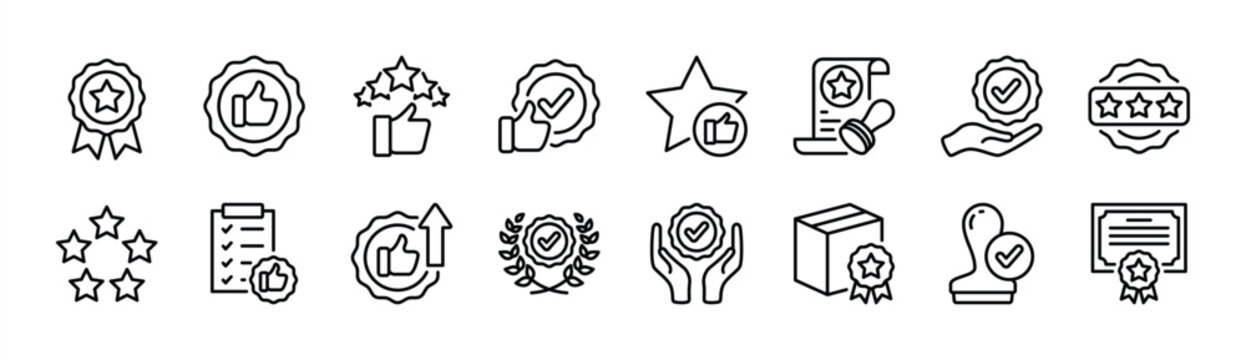 Quality control thin line icon set. Containing value, star, thumb up, premium, review, rate, award, best, favorite, good, certification, evaluation, stamp, satisfaction, service, support. Vector