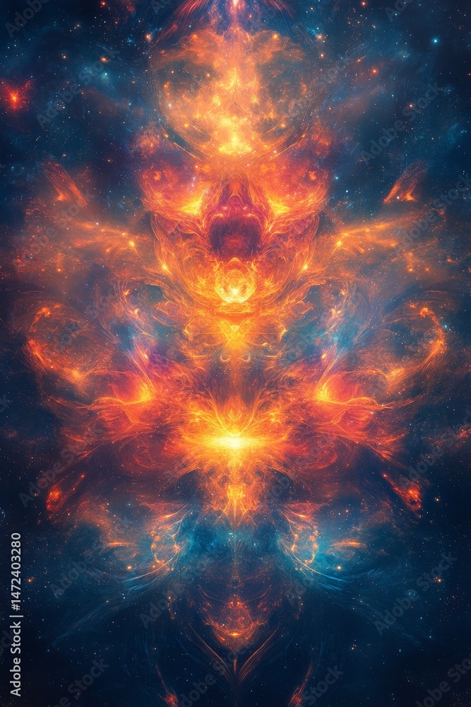 Poster cosmic divinity: an ethereal display of vibrant nebulae and celestial energies converges to form a s