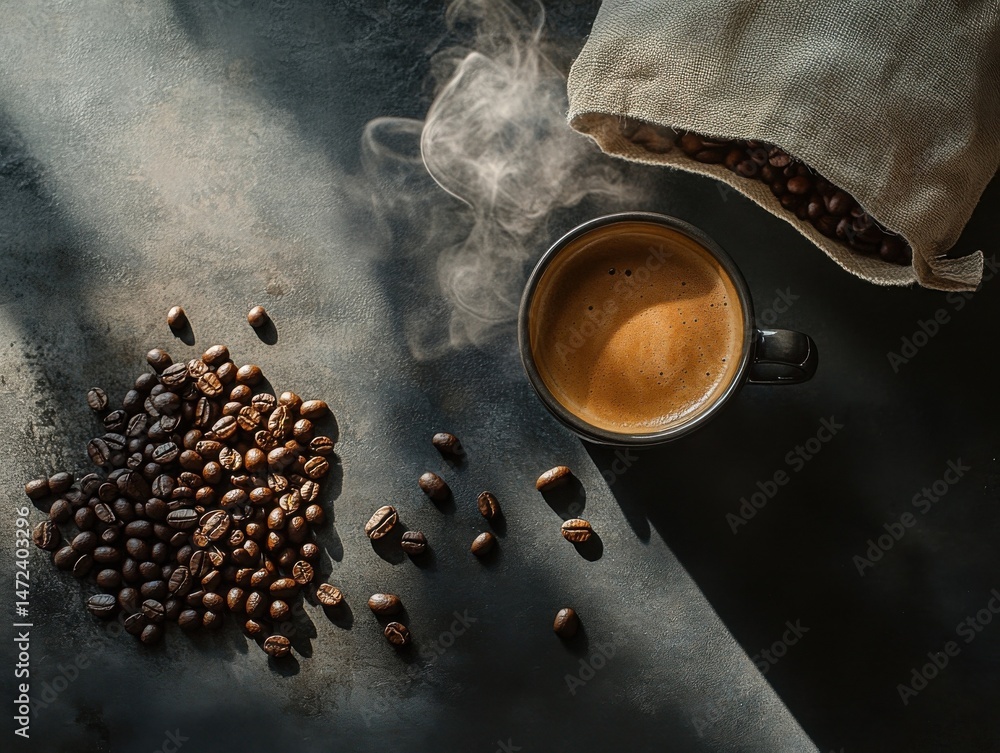 Poster Aromatic espresso in a dark cup, accompanied by roasted coffee beans scattered on a rustic dark surface, illuminated by sunlight streaming through a window. : Generative AI