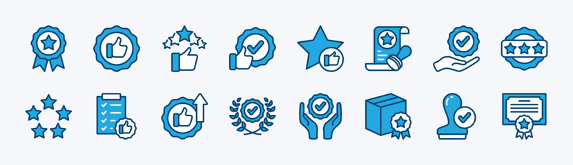 Set of quality control icon. Containing value, star, thumb up, premium, review, rate, award, best, favorite, good, certification, evaluation, stamp, satisfaction, service, support. Vector illustration
