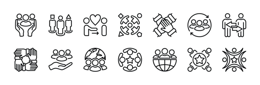 People group thin line icon set. Contains person, inclusion, coverage, unite, diversity, together, teamwork, community, open approach, education, collaboration, union, cooperation. Vector illustration