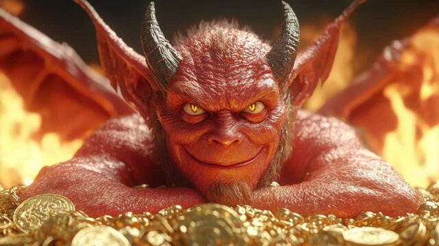 Smiling demon rests on a pile of gold coins, surrounded by fiery flames