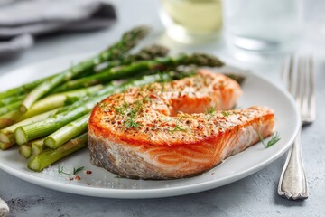 Fragrant baked salmon steak on a white plate, placed on a white countertop. Professional food photography.