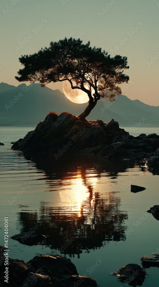 Poster silhouette of a tree on a rocky island, partially obscured by a large, setting sun or moon, reflecte