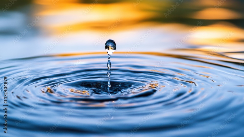 Poster a single water droplet falls into still water, creating concentric ripples reflecting warm sunset hu