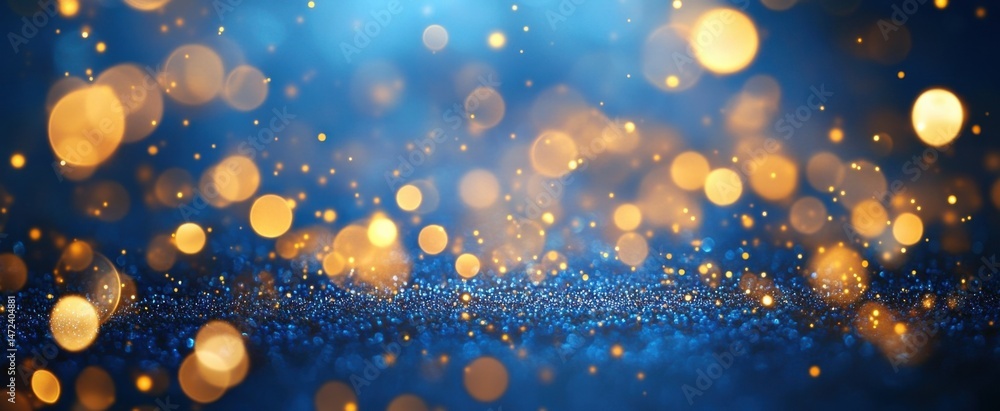 Poster sparkling blue glitter background with golden bokeh lights, perfect for festive designs or celebrato