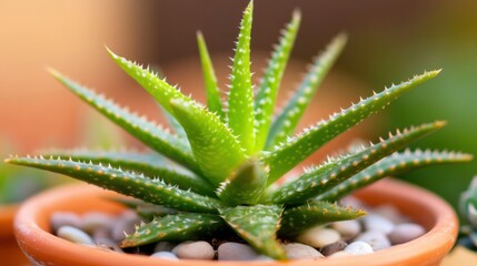 Fototapeta premium A vibrant, spiky aloe vera plant thrives in a terracotta pot, showcasing its bright green leaves and tiny white dots, nestled amongst smooth grey pebbles. : Generative AI