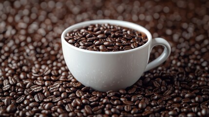 Fototapeta premium White cup filled with roasted coffee beans sitting on a pile of coffee beans.