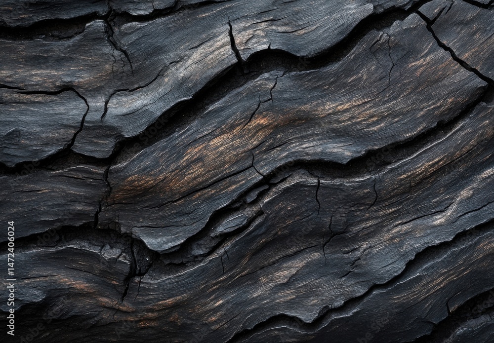 Poster dark, textured wood grain with deep cracks and subtle bronze highlights, showing a natural, weathere