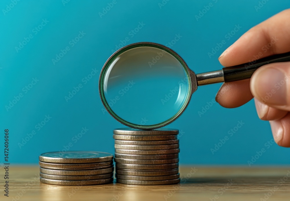 Poster a hand holds a magnifying glass over two stacks of coins, symbolizing financial scrutiny and investm