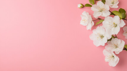 Fototapeta premium Delicate white blossoms arranged on a soft pink background, creating a serene and elegant springtime scene, perfect for cards or feminine designs. : Generative AI