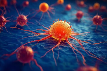 A blue background with an orange cancer cell surrounded by red and yellow cells.