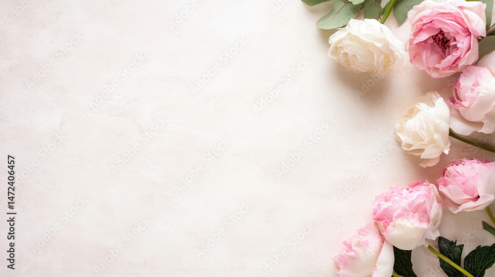 Poster elegant pink and white peonies arranged on a textured off-white background, creating a delicate and 
