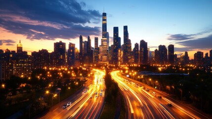 Fototapeta premium City skyline glows at night with blurred traffic and colorful sky reflecting in modern building architecture.