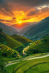 Sunset Over Terraced Rice Fields