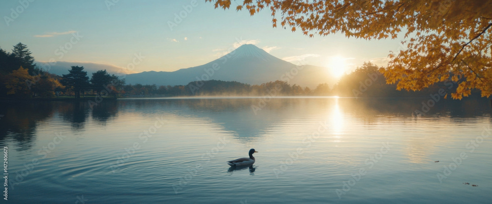 Poster serene sunrise over a calm lake with mount fuji in the background, a single duck peacefully floats o