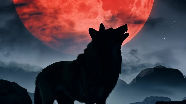 Wolf Howling at a Red Moon in a Dark Sky - Mysterious Night Landscape